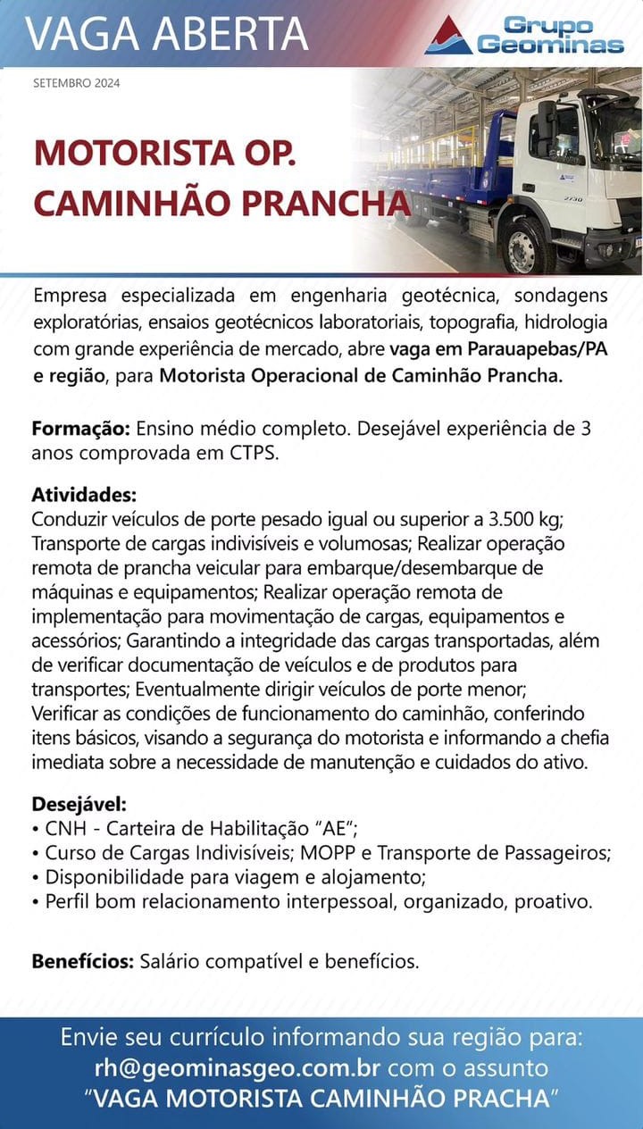 Vaga Operador Caminhão Prancha, Geominas