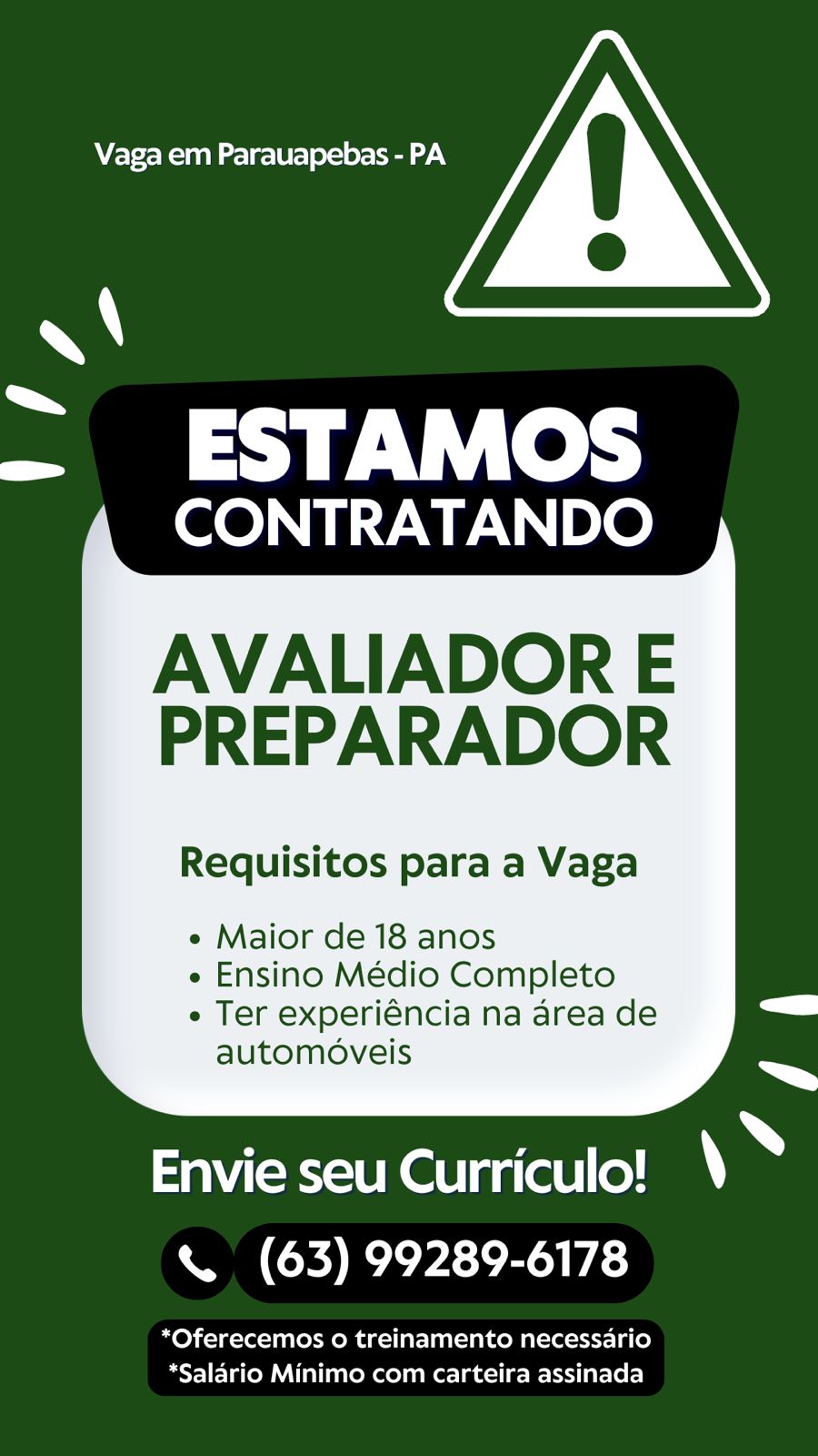 Vaga para Avaliador e Preparador em Parauapebas, Pará