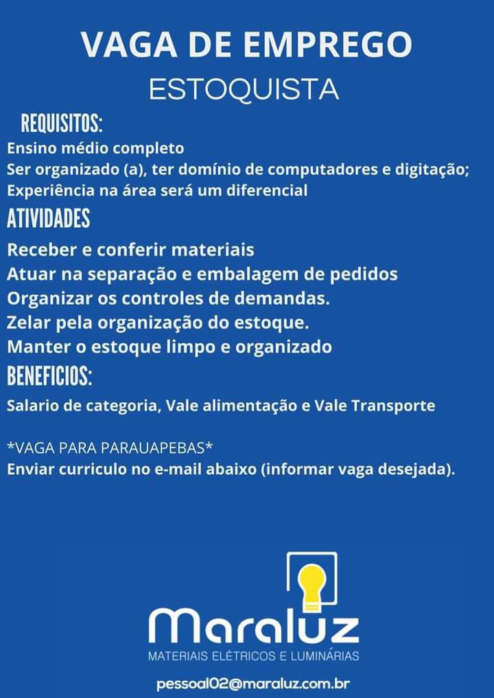 Vaga para Estoquista na cidade de Parauapebas, Pará.