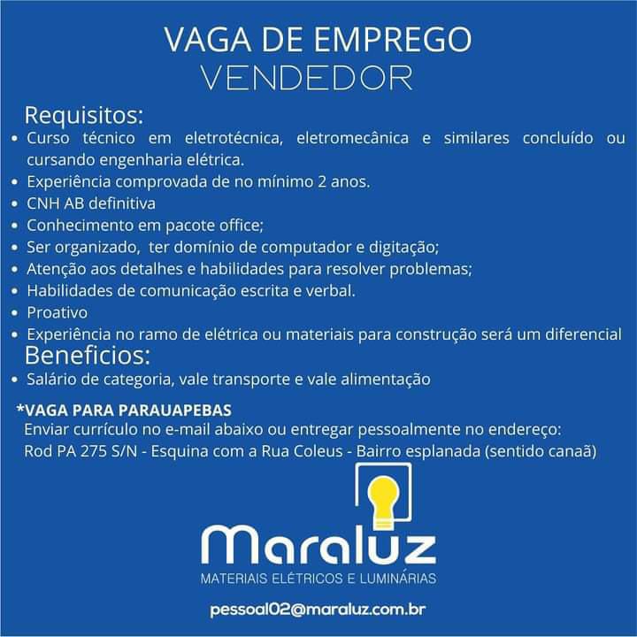 Vaga para Vendedor em Parauapebas, Pará