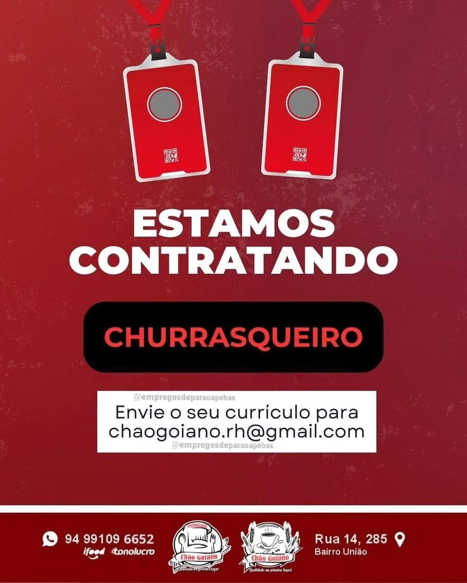 Vaga para churrasqueiro na cidade de Parauapebas, Pará.