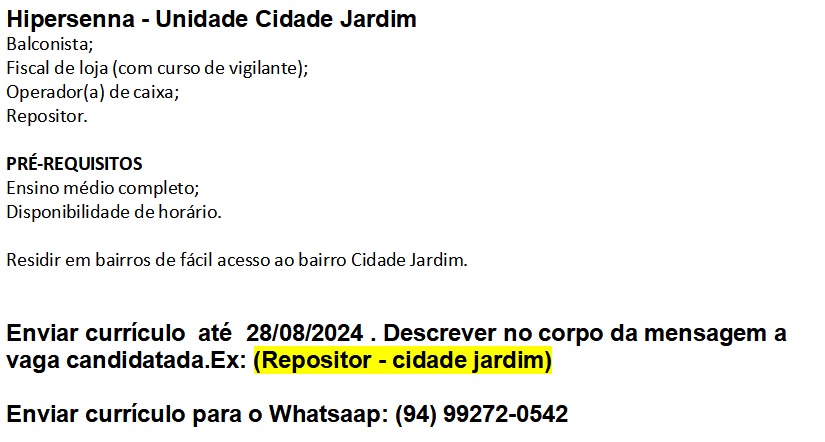 Diversas Vagas no HIPERSENNA da Cidade Jardim, Parauapebas