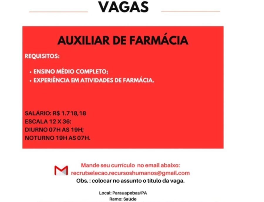 Auxiliar de Farmácia em Parauapebas, Pará