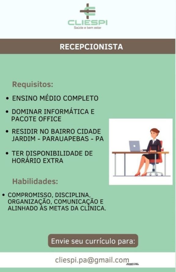 Vaga para Recepcionista em Parauapebas