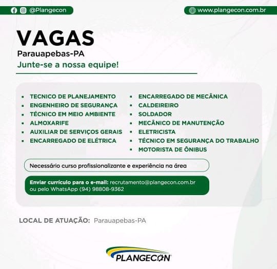 Diversas Vagas na Plangecon, Parauapebas