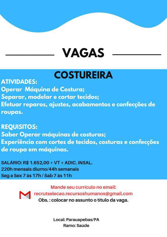 Vaga para Costureira em Parauapebas, Pará