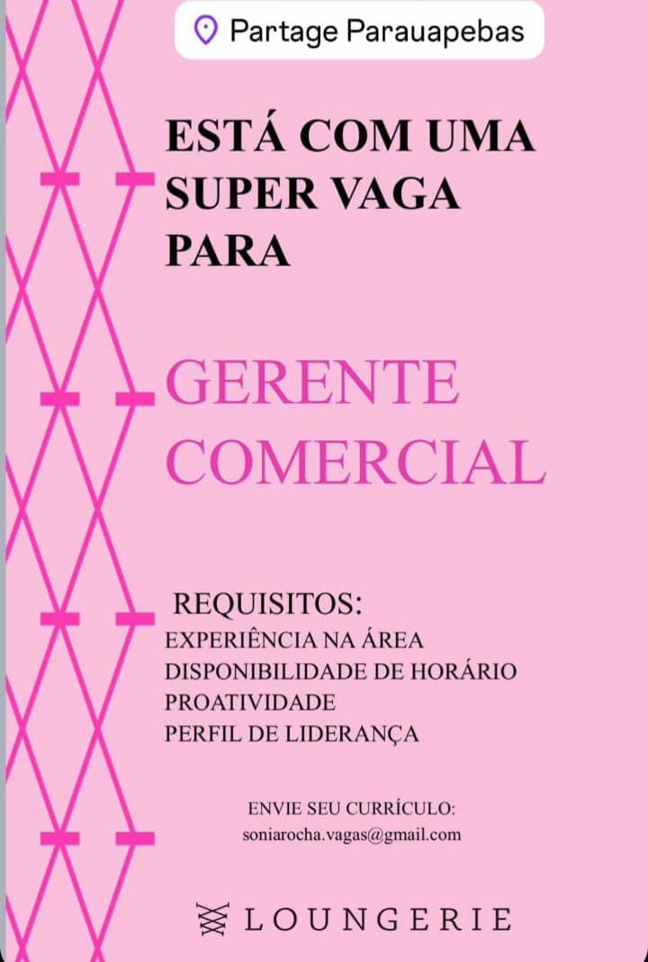 Vaga para Gerente Comercial na cidade de Parauapebas, Pará.