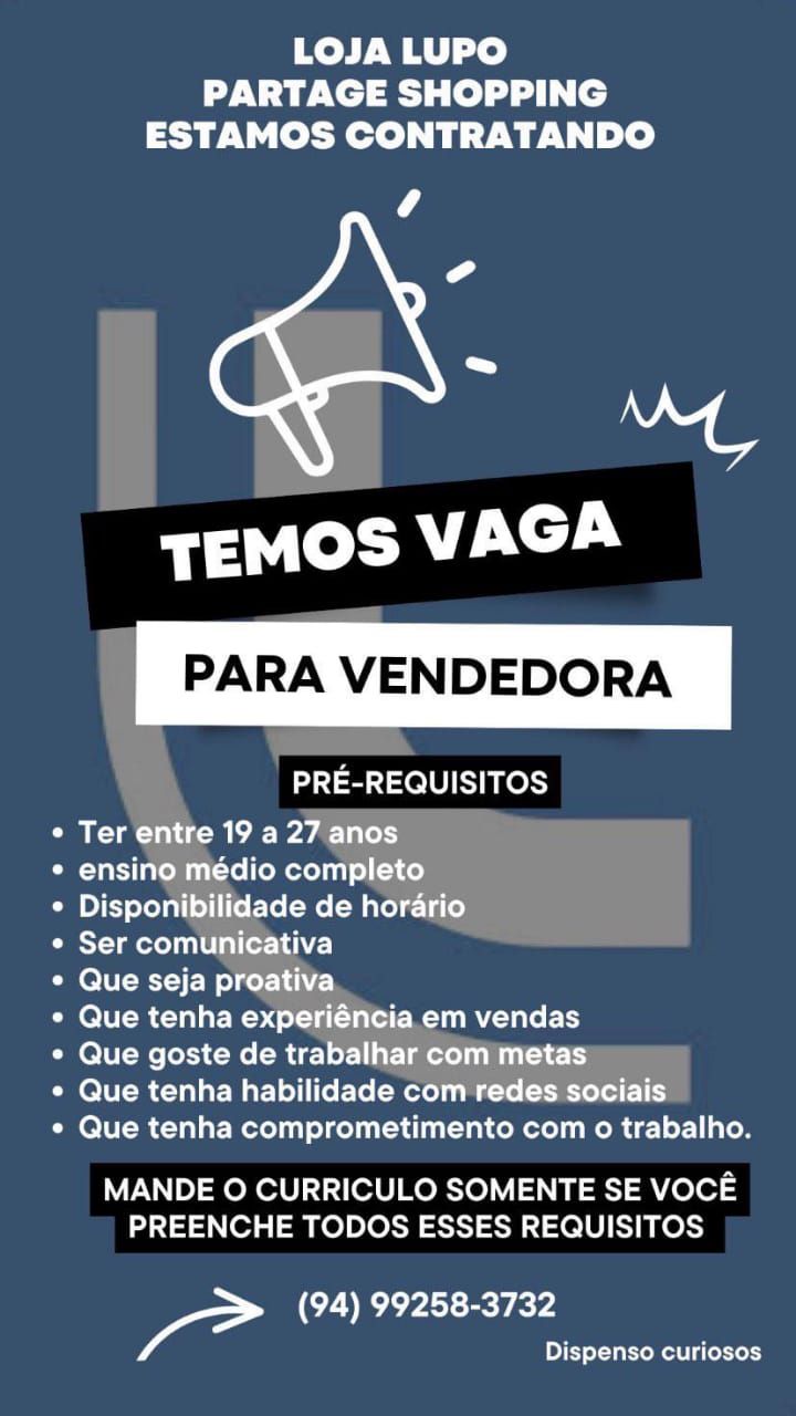 Vaga para Vendedora